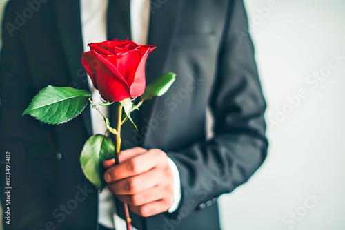 Handsome young Latino man in decent suit holding a stem of fresh red rose as a gift for his girlfriend, copy space, concept of propose, Valentine's Day #803493482