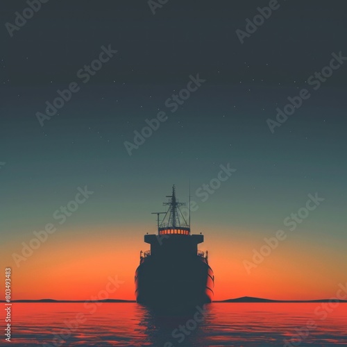 A single line tracing the silhouette of a cargo ship against a gradient sky. © 2D_Jungle