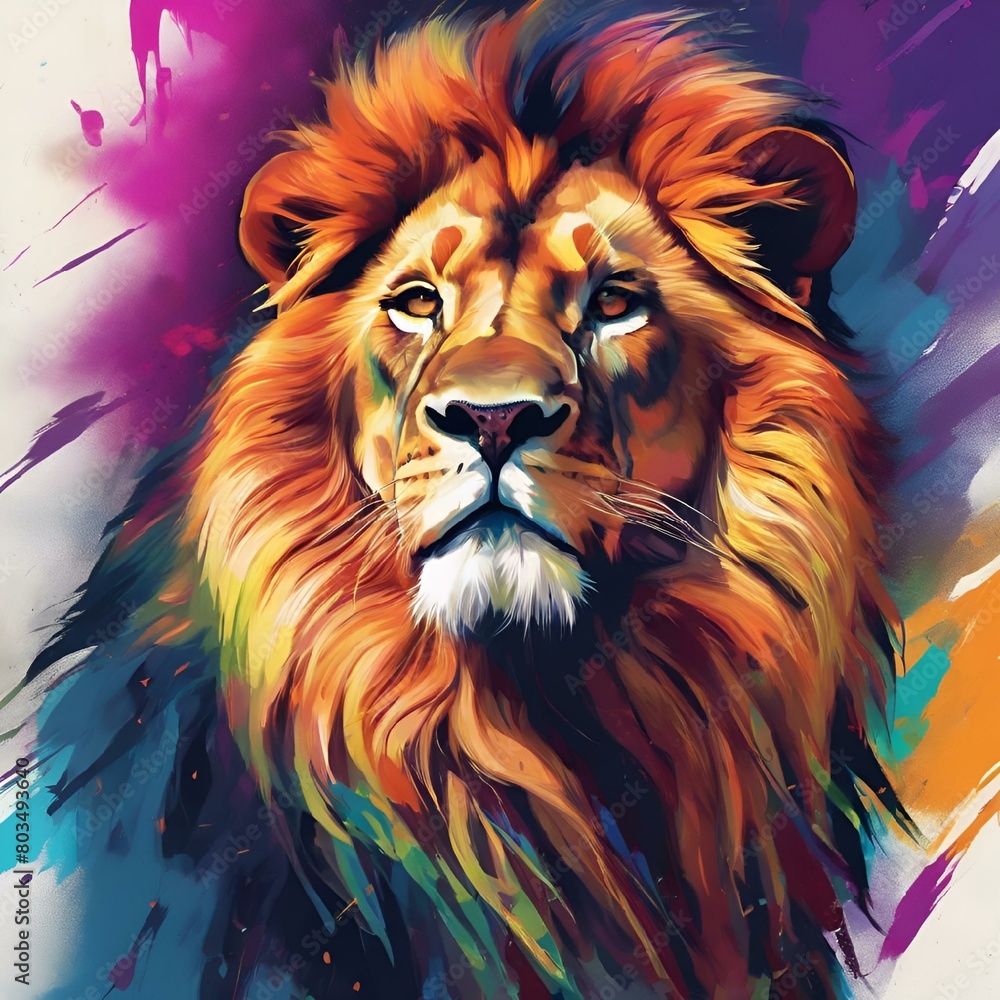 a lion with an orange face, on the left is a purple background