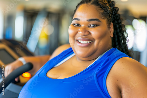Happy confident overweight woman in blue fitness clothes on trainer treadmill in gym, close up, copy space, concept of healthy lifestyle, losing weight, work out in gym