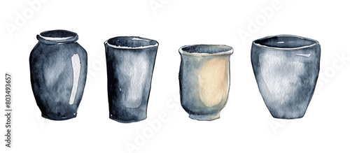 set cup ceramic pottery watercolor digital painting good quality