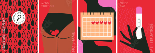 Menstruation set. Menstrual cycle, periods, calendar. No shame, periods are cool, period time concept. Abstract flat vector illustration. Minimal design for card, banner, poster, sticker, post