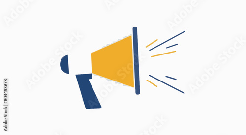 A stylized representation of a megaphone or loudspeaker. It is predominantly yellow with a blue handle. The megaphone emits rays or beams from its side, suggesting it is in use or broadcasting somethi