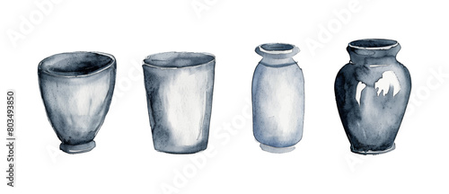 set cup ceramic pottery watercolor digital painting good quality