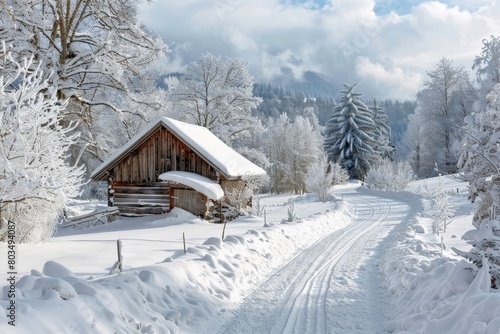 A snowy nordic winter landscape with a wooden house and a small road.