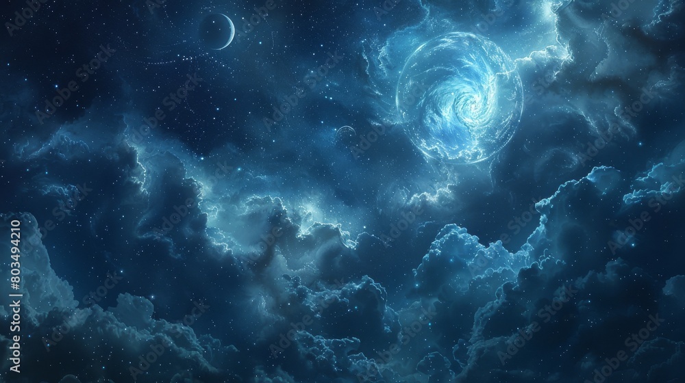 The dynamism of a swirling galaxy surrounded by celestial bodies that shine like jewels against a dark cosmic backdrop The dynamism of a swirling galaxy surrounded by celestial bodies that shine like jewels against a dark cosmic backdrop
