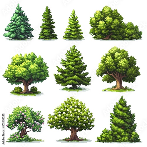 Tree and Bush Environment Video Game Assets Pixel Art Pack  Retro Outdoor Plants Pixelated Green Gaming Sprites Set  White Background  Isolated Summer Spring Platformer Objects Environmental Elements