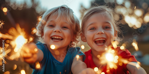 Two cheerful kids wearing red and blue clothes holding sparklers in garden at dusk on independence day, USA. July 4th celebration.