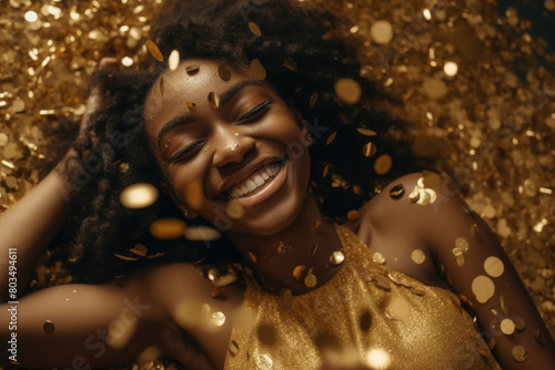 A woman lying on the ground encircled by shiny gold confetti in a scattered pattern