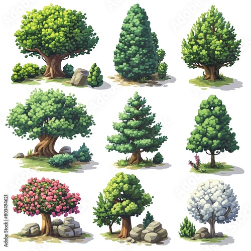 Tree and Bush Environment Video Game Assets Pixel Art Pack  Retro Outdoor Plants Pixelated Green Gaming Sprites Set  White Background  Isolated Summer Spring Platformer Objects Environmental Elements