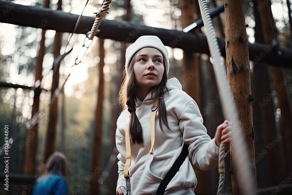 Obraz premium A young girl balancing on a rope in a forest setting