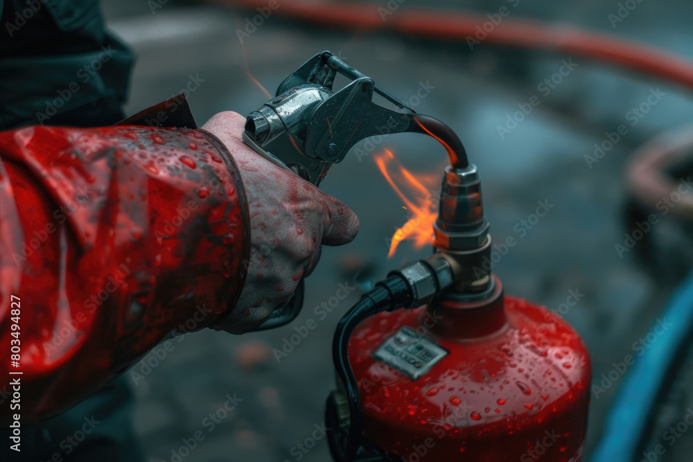 Naklejka premium A fire extinguisher being used to extinguish flames in a controlled environment