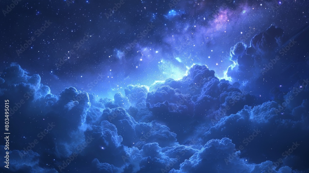 A serene night sky with clouds illuminated by a radiant light from a cosmic event, evoking a sense of calm wonder A serene night sky with clouds illuminated by a radiant light from a cosmic event, evoking a sense of calm wonder