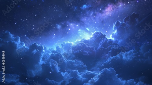 A serene night sky with clouds illuminated by a radiant light from a cosmic event, evoking a sense of calm wonder