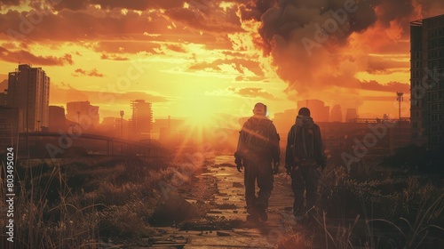two men head towards the sun, a dystopian environment, Rich owens style clothes,hyperrealistic reality photo