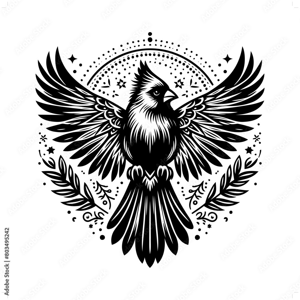 Obraz premium Cardinal bird silhouette in bohemian, boho, nature illustration