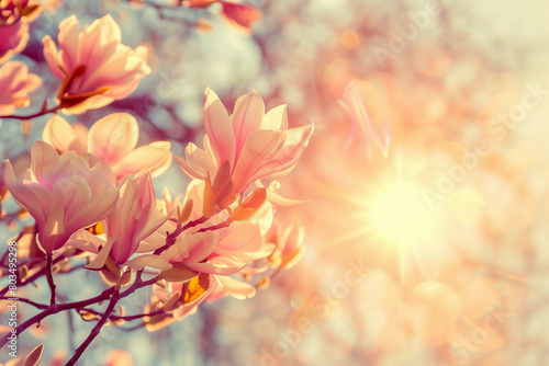 Magnolia tree blossom in springtime. tender pink flowers bathing in sunlight. warm april weather and beautiful sunshine, close up of panorama spring background with copy space © Mayava