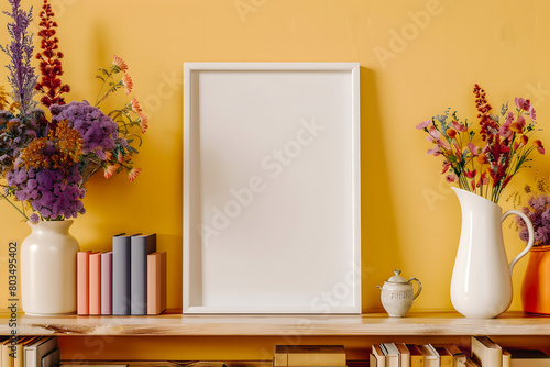 Cadre vide posé sur une étagère avec livres et fleurs photo