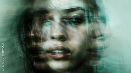 A hauntingly beautiful and artistic image of a young woman's face with a blurred, motion effect