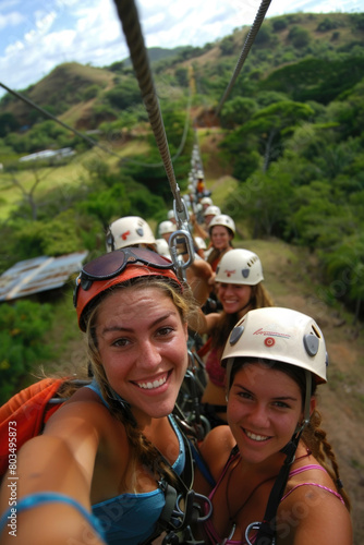 A group of individuals wearing helmets and harnesses ride along a zip line, dangling from a suspended cable high above the ground