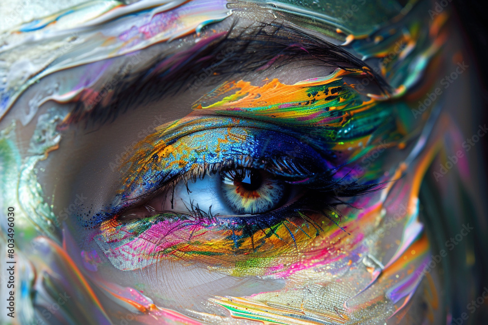The intricate layering and blending of colors in abstract makeup, resulting in a mesmerizing visual display.