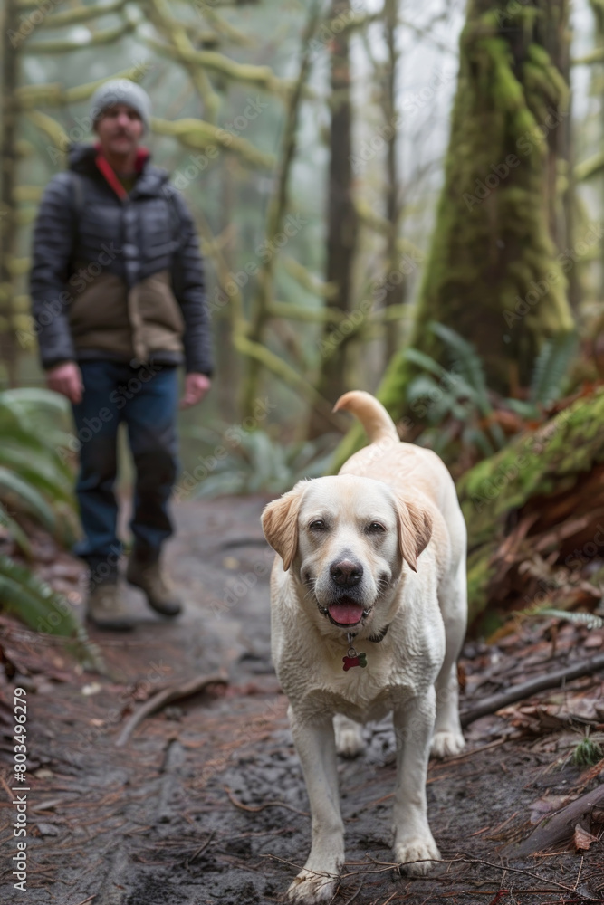 A man walks his dog on a forest trail surrounded by green trees and fallen leaves