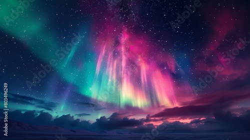 A breathtaking display of northern lights dances across a star-filled night sky over a tranquil landscape © ChaoticMind