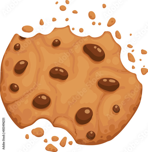 Bitten chocolate chip cookie. Crunch homemade brown biscuit broken with crumbs. Cartoon baked round choco cookie bite animation vector. Illustration animation disappear choco crumb piece bakery