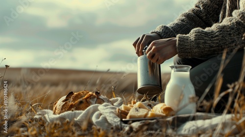 A farmer taking a break in the field to enjoy a simple meal of fresh bread and cheese, with a flask of cold milk beside them. photo