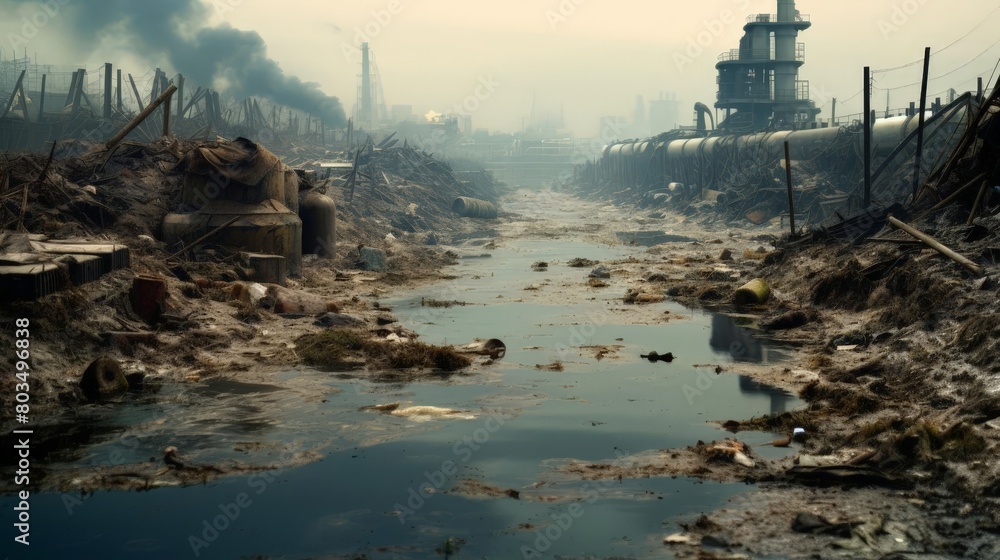 A dirty, polluted river with a factory in the background