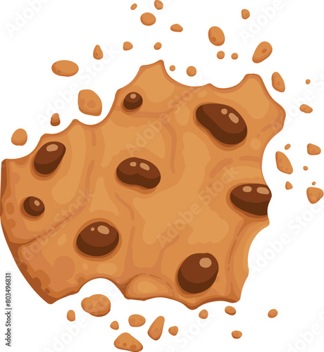 Bitten chocolate chip cookie. Crunch homemade brown biscuit broken with crumbs. Cartoon baked round choco cookie bite animation vector. Illustration animation disappear choco crumb piece bakery