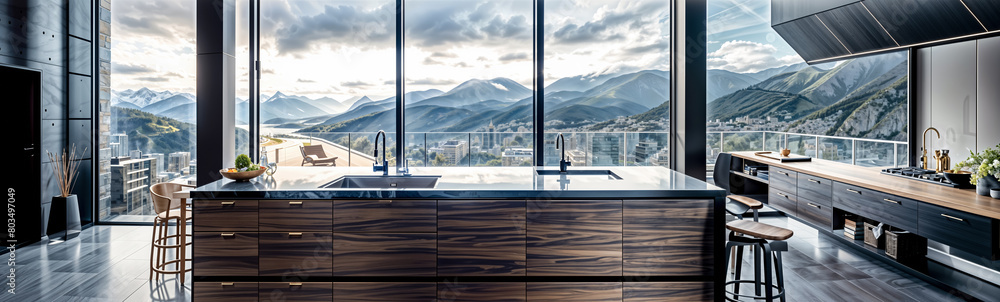 Modern Luxury Kitchen with Panoramic Mountain View. High-Rise Living. Sleek Contemporary Kitchen with Floor-to-Ceiling Windows and Scenic Views - Architectural Design Modern Luxury Kitchen with Panoramic Mountain View. High-Rise Living. Sleek Contemporary Kitchen with Floor-to-Ceiling Windows and Scenic Views - Architectural Design