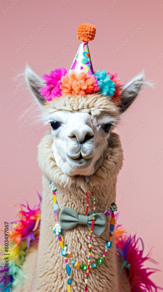 Fototapeta premium Festive llama in party hat and bow tie