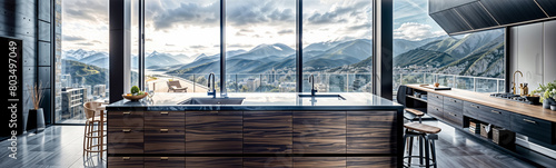  Modern Luxury Kitchen with Panoramic Mountain  View.  High-Rise Living. Sleek Contemporary Kitchen with Floor-to-Ceiling Windows and Scenic Views - Architectural Design