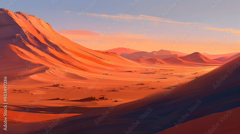 Naklejka premium A serene sunrise over the vast sandy expanse of a desert, with long shadows and vibrant orange hues on the dunes