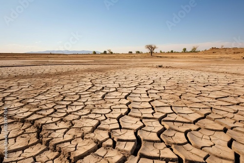 A barren, dry, cracked desert landscape with a tree in the distance