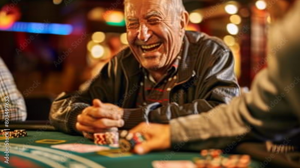 Happy senior gentleman playing cards and enjoying a good time with friends at a casino