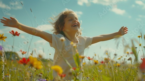 A child running through a field of wildflowers, arms outstretched, with a wide grin on their face. photo