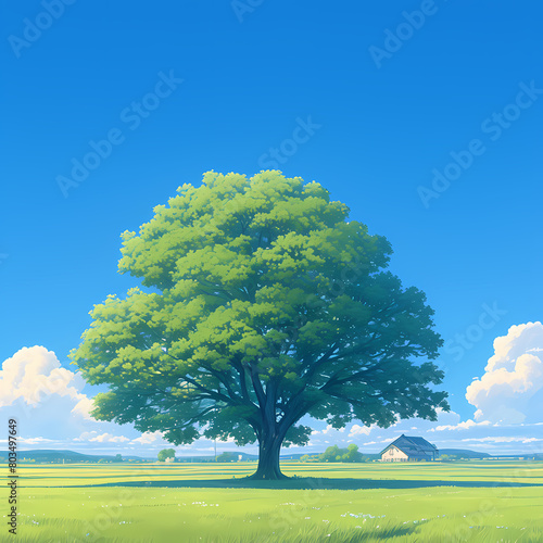 A solitary tree stands majestically against a clear blue sky  casting its shadow on the verdant grass of an idyllic field. A peaceful setting that evokes serenity and natural beauty.