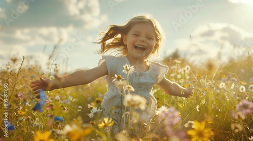 A child running through a field of wildflowers, arms outstretched, with a wide grin on their face. photo