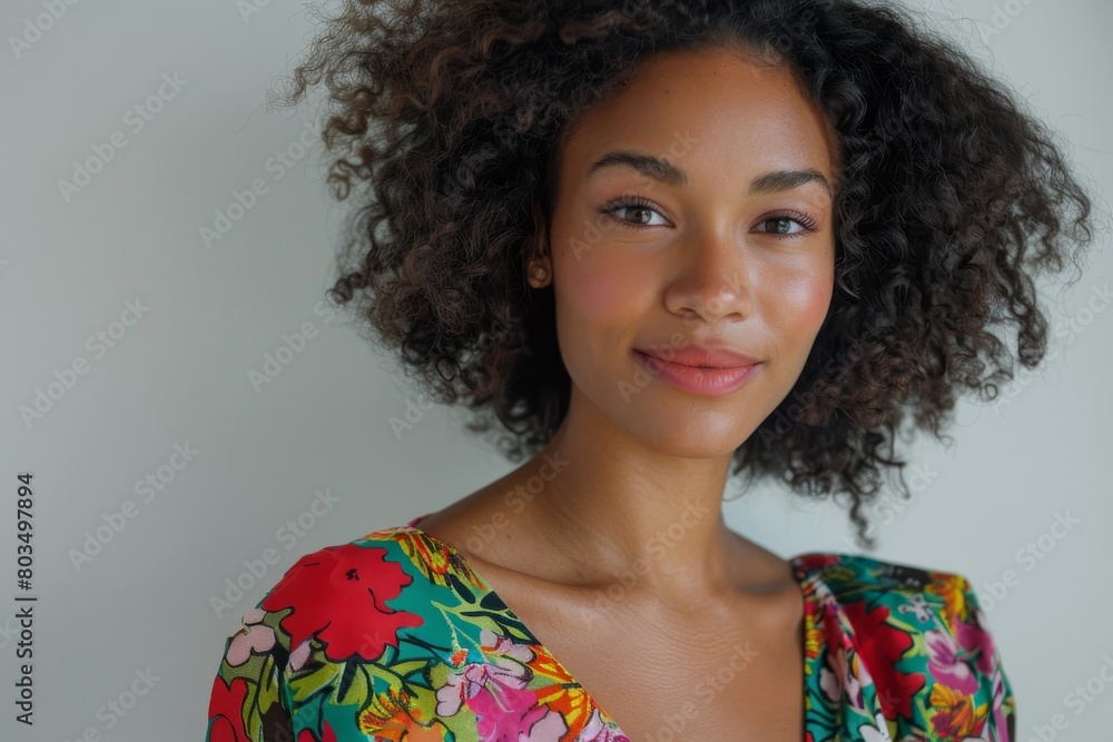 Soft-focus portrait of a young, curly-haired woman with a floral blouse looking serene Soft-focus portrait of a young, curly-haired woman with a floral blouse looking serene