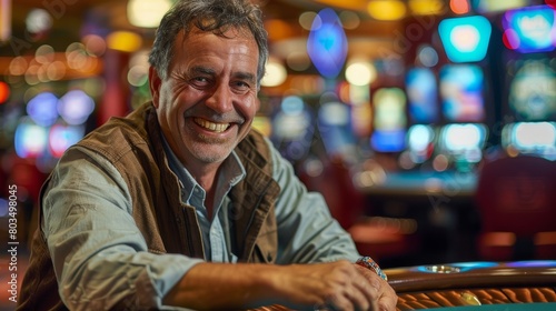 Gentleman in casual wear with content smile engages in a game of roulette at a casino