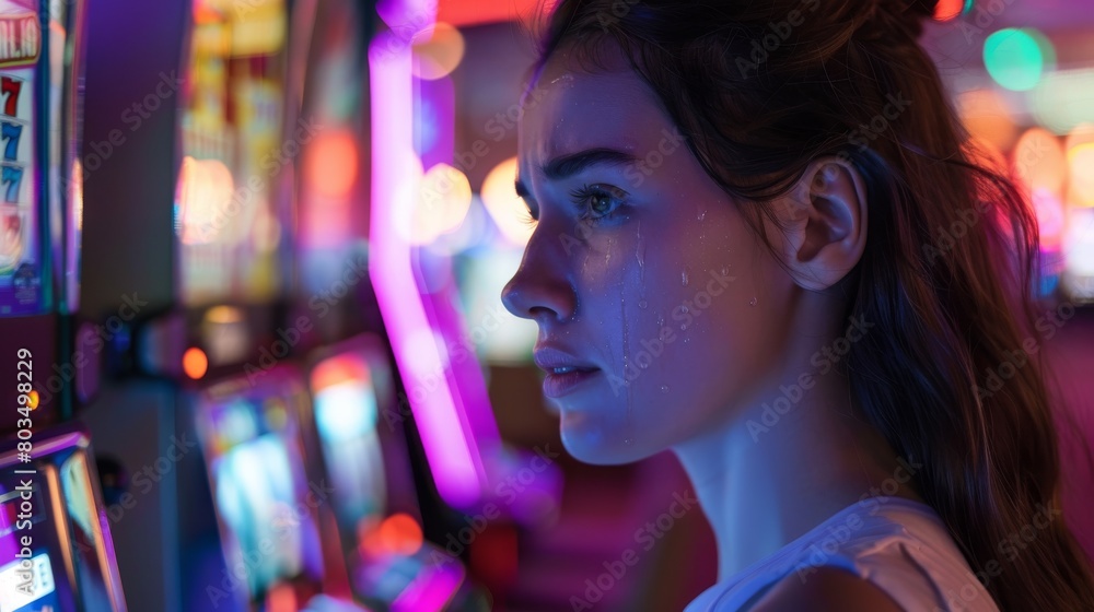 A woman is depicted immersed in her game at a slot machine, surrounded by the bright lights of the casino A woman is depicted immersed in her game at a slot machine, surrounded by the bright lights of the casino