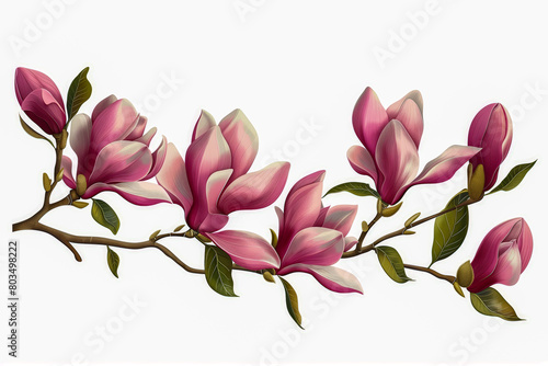 Pink spring magnolia flowers branch isolated on white