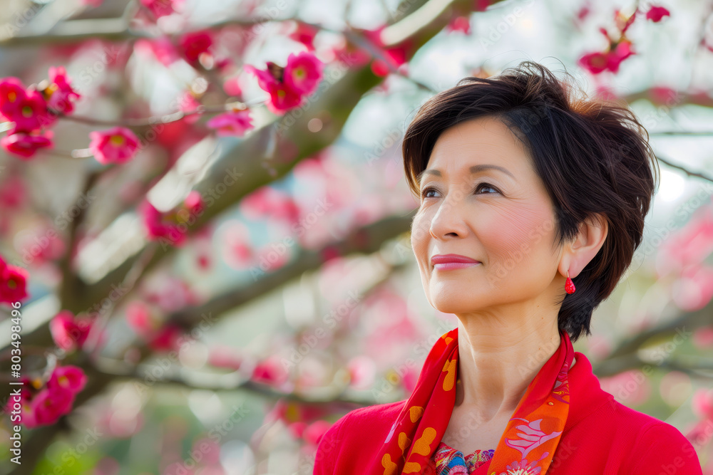 Portrait of a mid aged Japanese short haired woman on spring outdoors park background with copy space. Portrait of a mid aged Japanese short haired woman on spring outdoors park background with copy space.