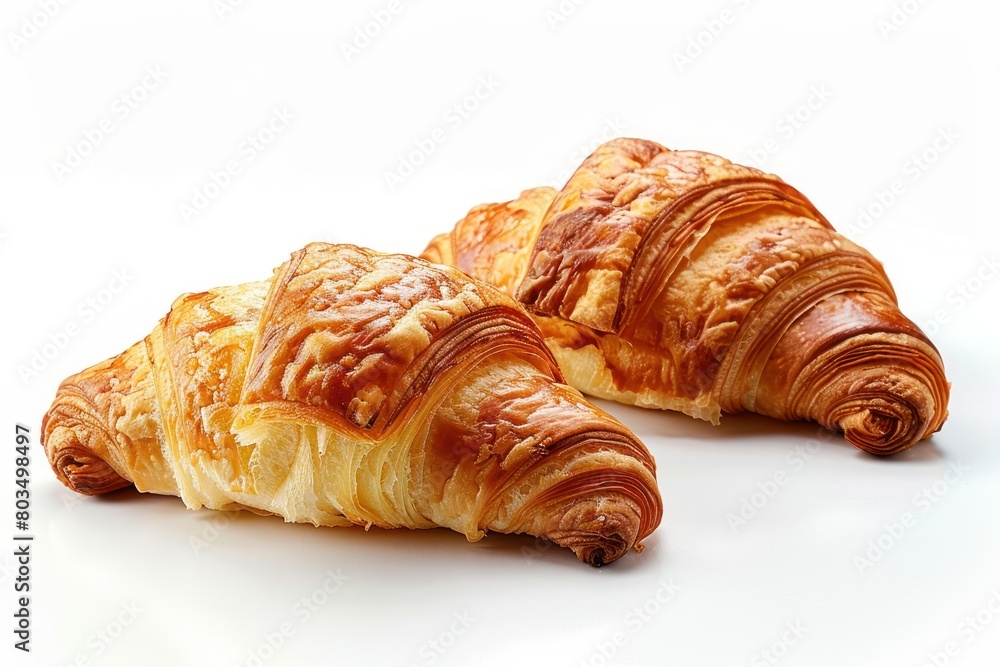 Two croissants are on a white background. They are golden brown and look fresh