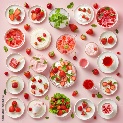 Delicious and Appealing Array of Variety Strawberry-Based Recipes Displayed on Light Background.