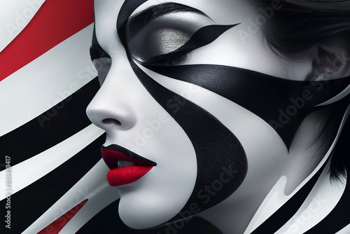 The juxtaposition of sharp lines and organic shapes in abstract makeup  creating a visually striking composition.