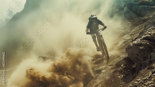 A fearless biker hurtling down a rugged mountain trail, kicking up clouds of dust as they navigate hairpin turns and rocky terrain.