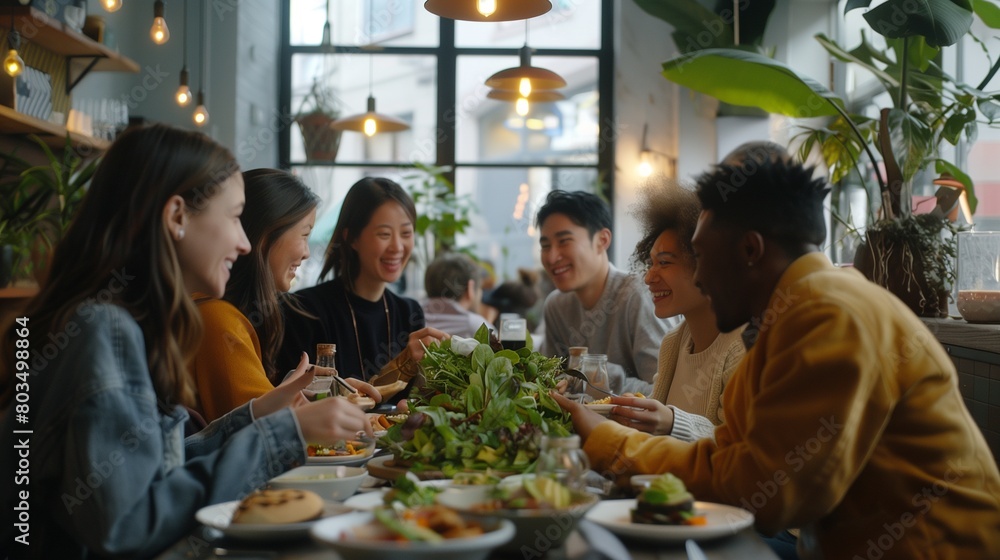 A group of coworkers enjoying a team lunch at a trendy cafe, with plates of avocado toast and artisanal salads.